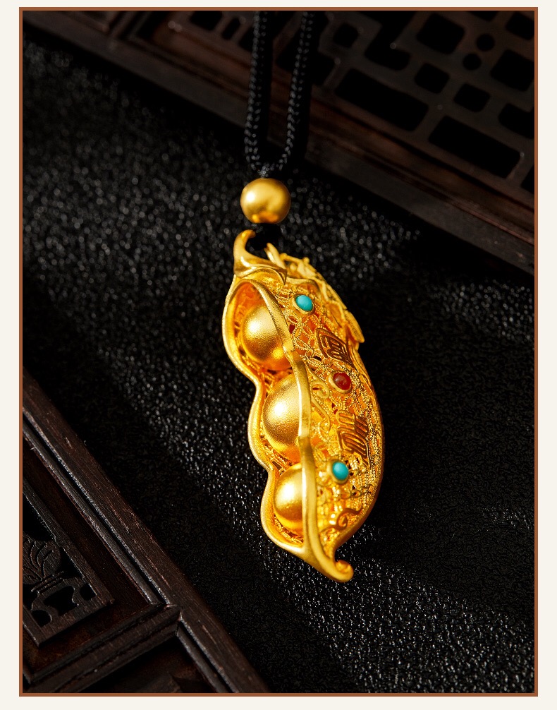 凯福古法黄金金蝉四季豆吊坠女足金999花丝镂空福禄寿三元豆挂坠